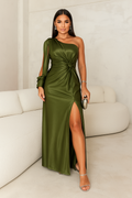 Women's One Shoulder Long Dress Flowing Sleeve Side Slit Formal Wedding Guest Party Elegant – Helen