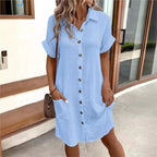 Women's Summer Shirt Dress Collar Button-Down Short Sleeve Pockets Casual Linen Look Easy Care – Carlijn