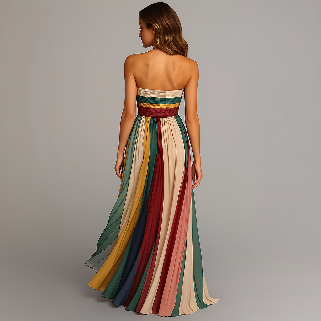 Women's Pleated Long Dress Striped Jewel Tones Strapless Formal Wedding Guest Summer Party – Judith