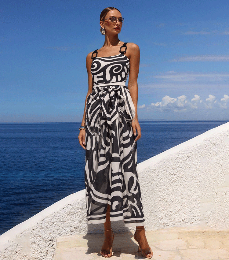 Women's Tribal Print One-Piece Swimsuit & Long Skirt Set Adjustable Straps Beach Vacation Pool Party Summer Resort – Black & White