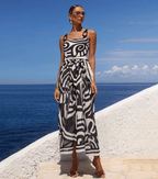 Women's Tribal Print One-Piece Swimsuit & Long Skirt Set Adjustable Straps Beach Vacation Pool Party Summer Resort – Black & White