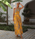 Women's One-Shoulder Floral Printed One-Piece Swimsuit & Long Skirt Set Beach Vacation Pool Party Resort Tropical Summer – Yellow