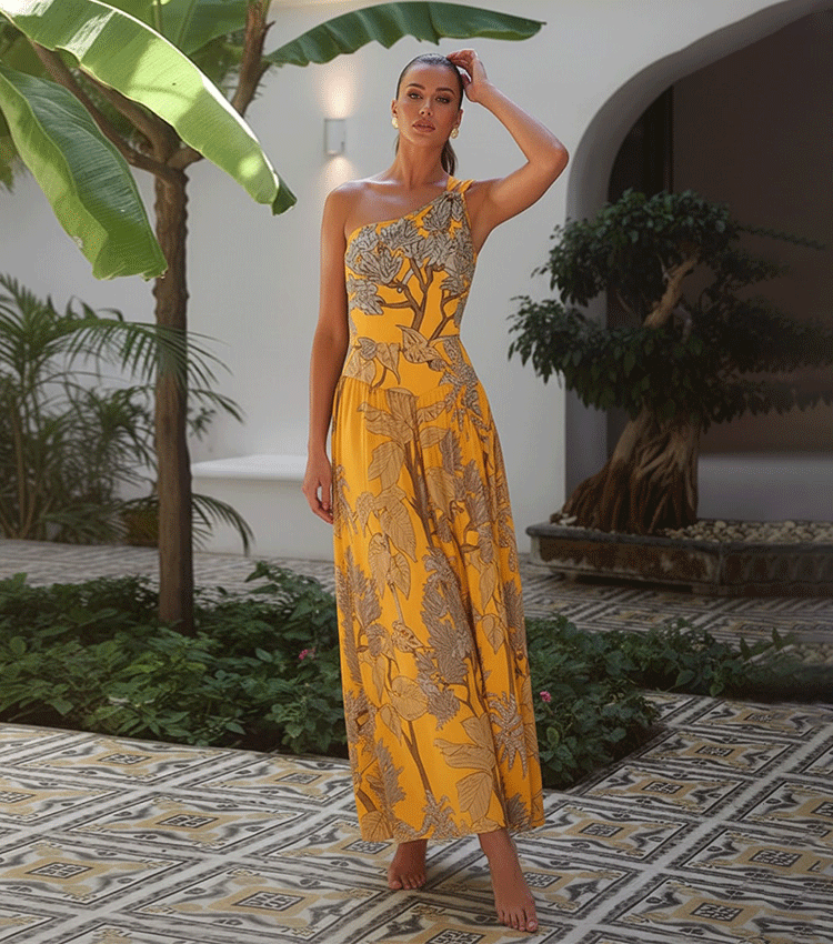 Women's One-Shoulder Floral Printed One-Piece Swimsuit & Long Skirt Set Beach Vacation Pool Party Resort Tropical Summer – Yellow