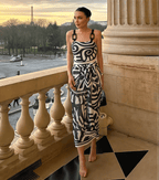 Women's Tribal Print One-Piece Swimsuit & Long Skirt Set Adjustable Straps Beach Vacation Pool Party Summer Resort – Black & White