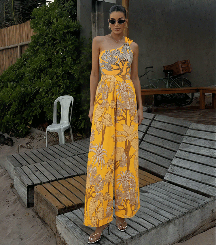 Women's One-Shoulder Floral Printed One-Piece Swimsuit & Long Skirt Set Beach Vacation Pool Party Resort Tropical Summer – Yellow