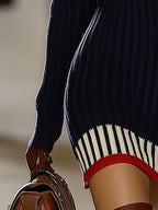 Women's Retro Striped Knit Sweater Short Dress High Collar Slim Fit Casual Party Elegant Everyday