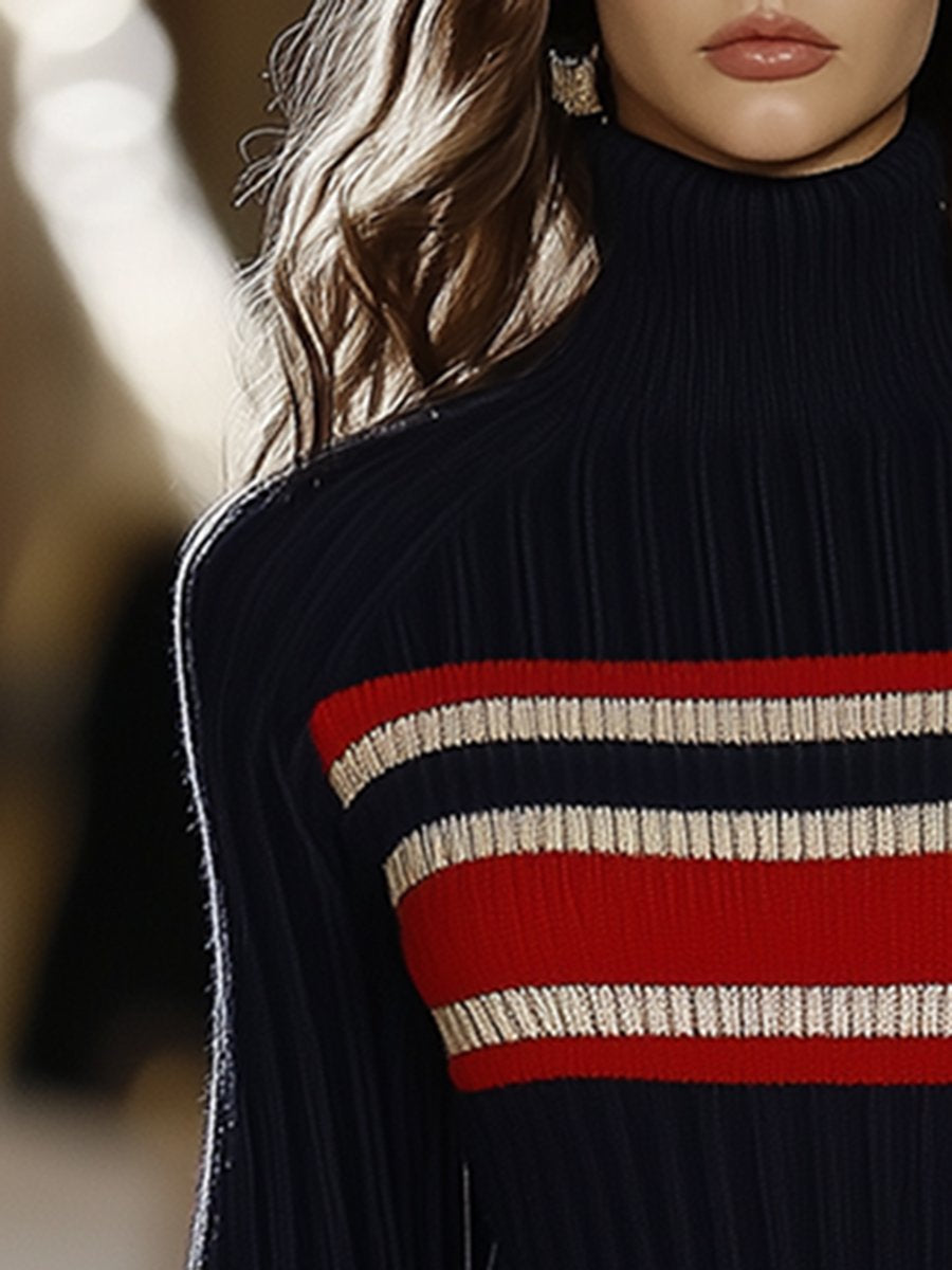Women's Retro Striped Knit Sweater Short Dress High Collar Slim Fit Casual Party Elegant Everyday