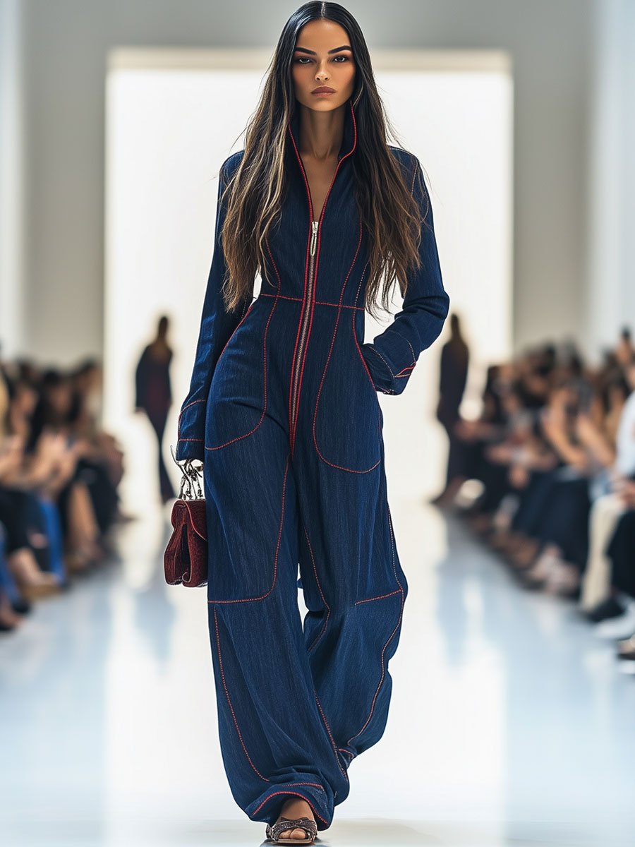 Women's Casual Loose Retro Denim Jumpsuit Lapel Red Topstitching Wide-Leg Sleeve Pocket – Blue
