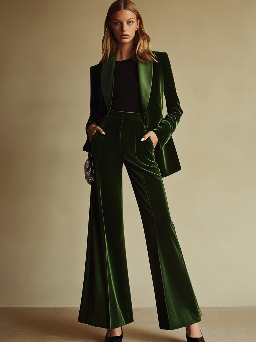 Women's High-End Velvet Two-Piece Suit Notched Lapel Blazer Wide-Leg Pants Retro Elegant – Green