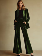 Women's High-End Velvet Two-Piece Suit Notched Lapel Blazer Wide-Leg Pants Retro Elegant – Green