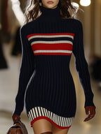 Women's Retro Striped Knit Sweater Short Dress High Collar Slim Fit Casual Party Elegant Everyday