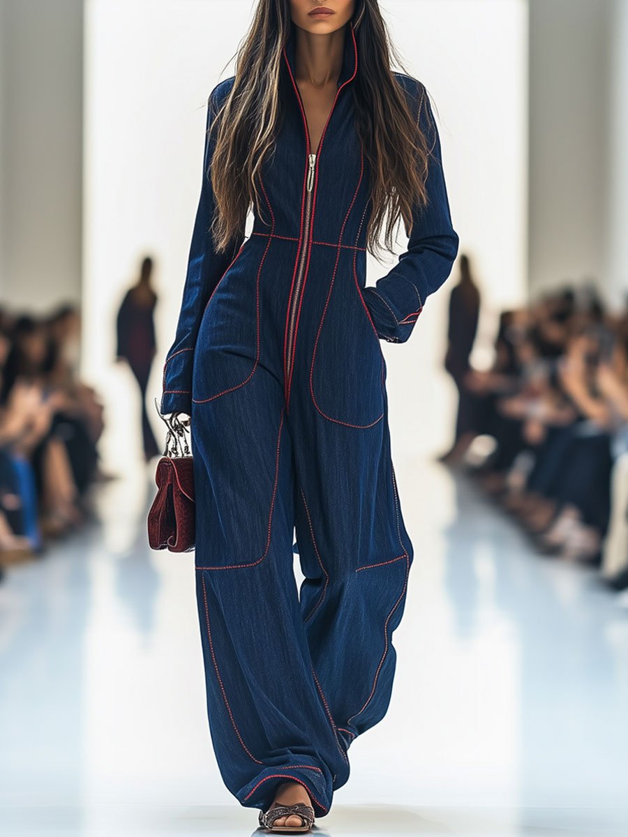 Women's Casual Loose Retro Denim Jumpsuit Lapel Red Topstitching Wide-Leg Sleeve Pocket – Blue