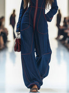 Women's Casual Loose Retro Denim Jumpsuit Lapel Red Topstitching Wide-Leg Sleeve Pocket – Blue