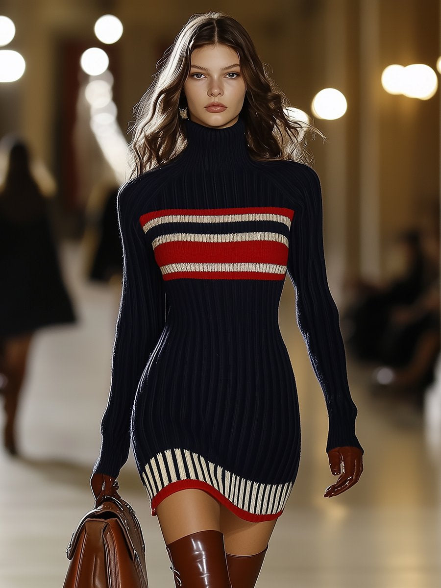 Women's Retro Striped Knit Sweater Short Dress High Collar Slim Fit Casual Party Elegant Everyday
