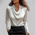 Women's Satin Draped Cowl Neck Long Sleeve Blouse Office Evening Elegant Silky Formal – Rose