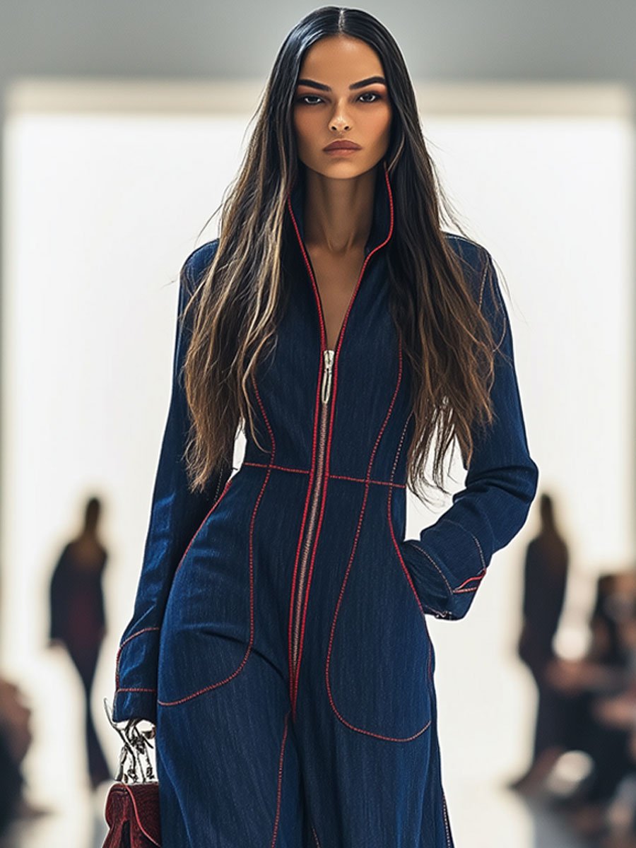 Women's Casual Loose Retro Denim Jumpsuit Lapel Red Topstitching Wide-Leg Sleeve Pocket – Blue