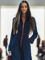 Women's Casual Loose Retro Denim Jumpsuit Lapel Red Topstitching Wide-Leg Sleeve Pocket – Blue
