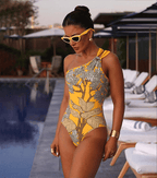 Women's One-Shoulder Floral Printed One-Piece Swimsuit & Long Skirt Set Beach Vacation Pool Party Resort Tropical Summer – Yellow