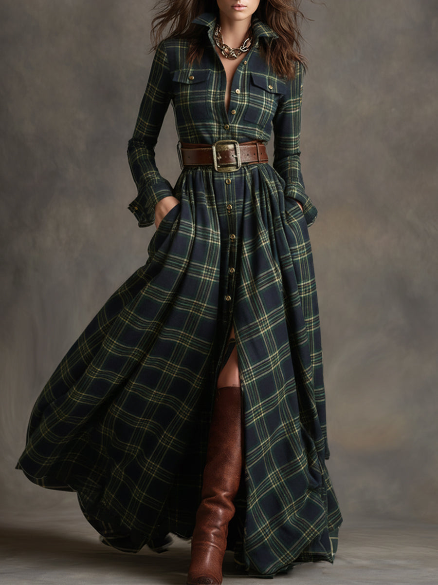Women's Retro Ethnic Plaid Cowgirl Long Dress Lapel Belted Long Sleeve Casual Relaxed – Reddish Brown