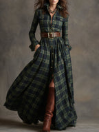 Women's Retro Ethnic Plaid Cowgirl Long Dress Lapel Belted Long Sleeve Casual Relaxed – Reddish Brown
