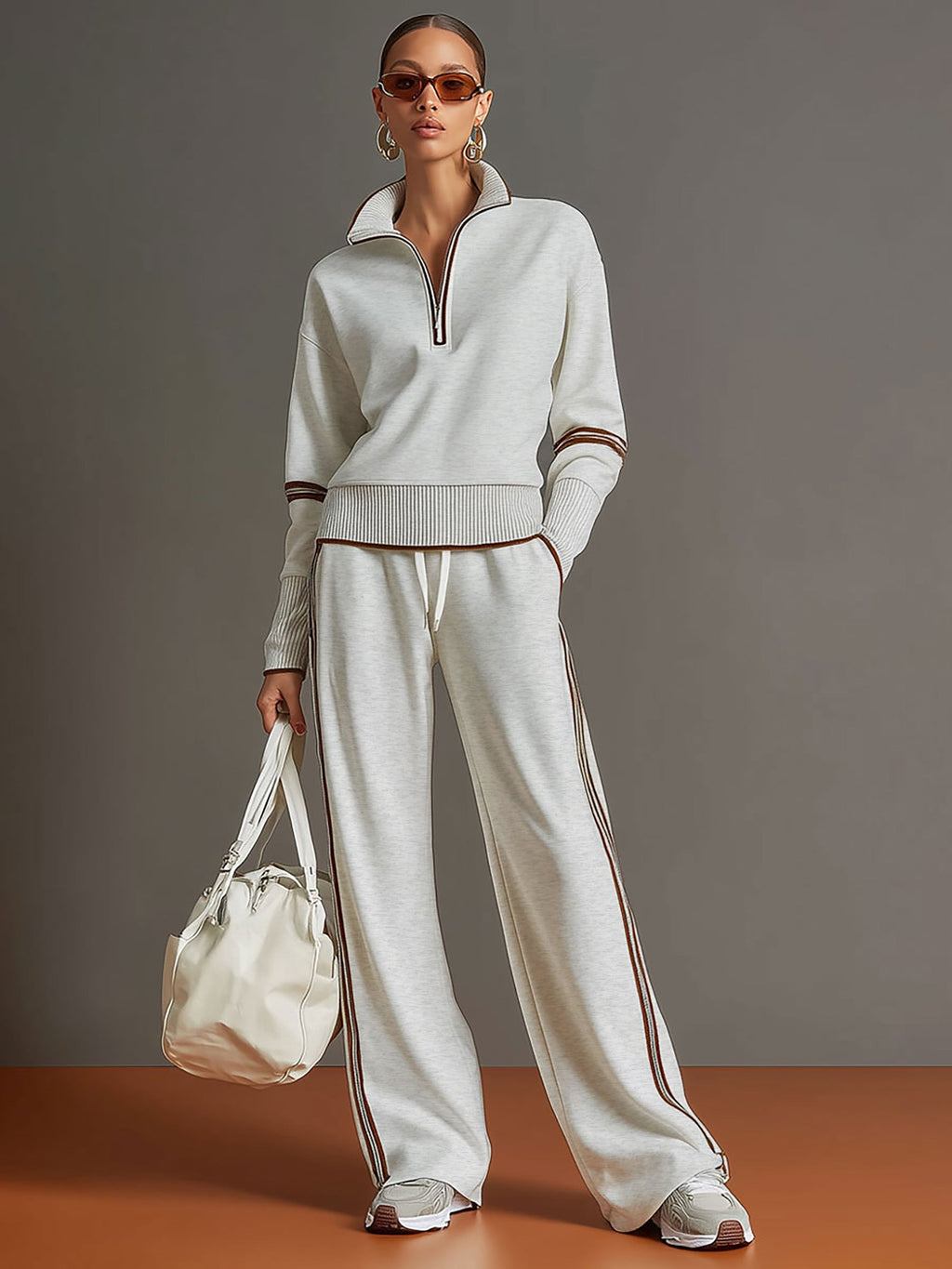 Women's Retro Sporty Two-Piece Set Half-Zip Sweatshirt Wide-Leg Pants Striped Webbing Casual – Grey White