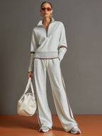 Women's Retro Sporty Two-Piece Set Half-Zip Sweatshirt Wide-Leg Pants Striped Webbing Casual – Grey White