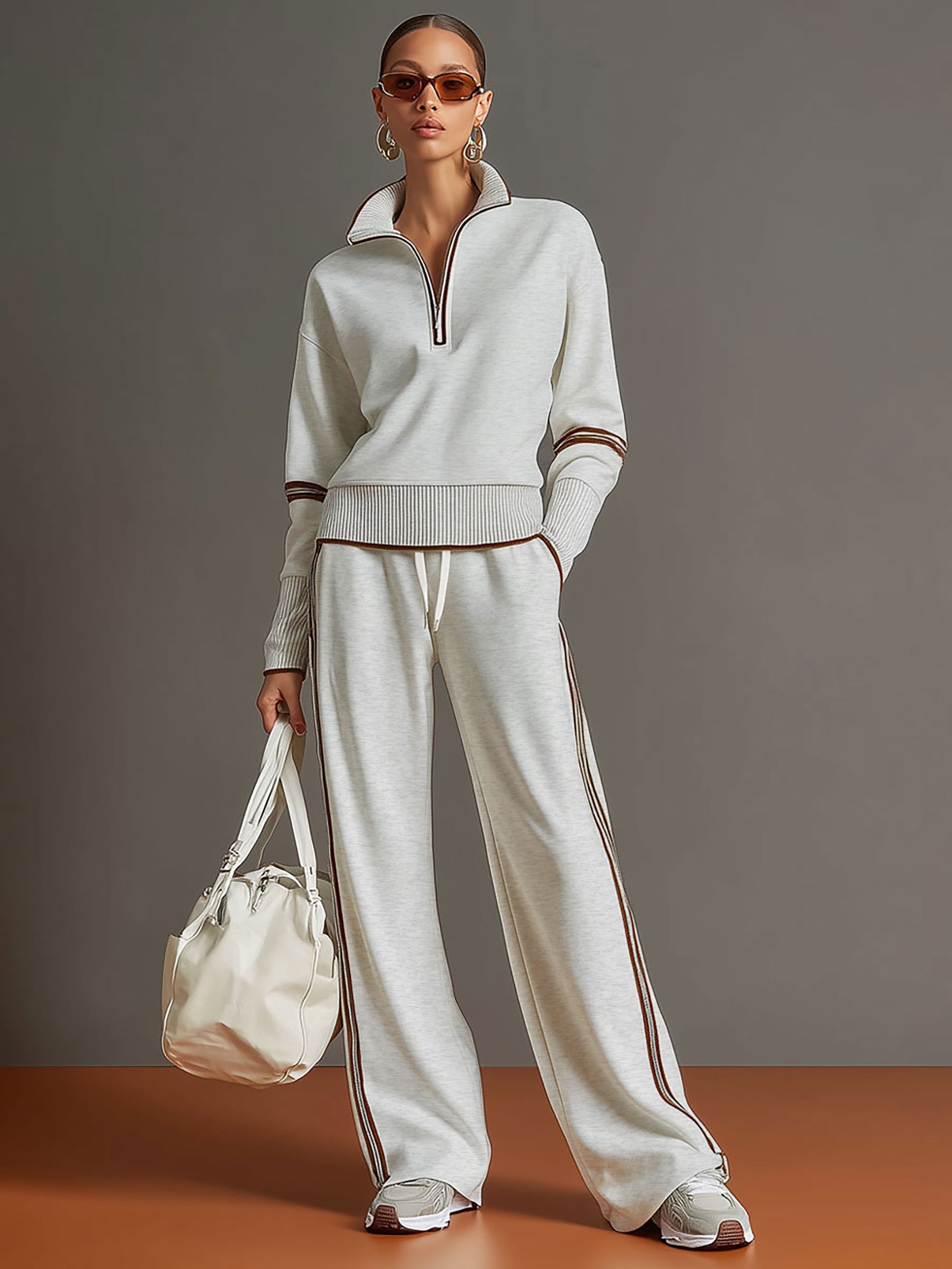 Women's Retro Sporty Two-Piece Set Half-Zip Sweatshirt Wide-Leg Pants Striped Webbing Casual – Grey White
