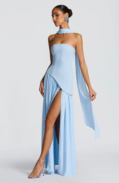 Women's Elegant Strapless Maxi Dress Fitted Slit Formal Party Wedding Guest Sophisticated – Mya