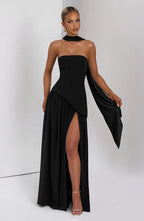 Women's Elegant Strapless Maxi Dress Fitted Slit Formal Party Wedding Guest Sophisticated – Mya