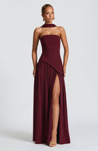 Women's Elegant Strapless Maxi Dress Fitted Slit Formal Party Wedding Guest Sophisticated – Mya