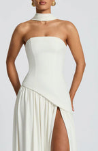 Women's Elegant Strapless Maxi Dress Fitted Slit Formal Party Wedding Guest Sophisticated – Mya