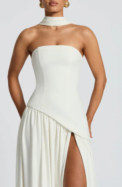 Women's Elegant Strapless Maxi Dress Fitted Slit Formal Party Wedding Guest Sophisticated – Mya