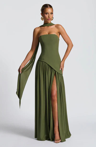 Women's Elegant Strapless Maxi Dress Fitted Slit Formal Party Wedding Guest Sophisticated – Mya
