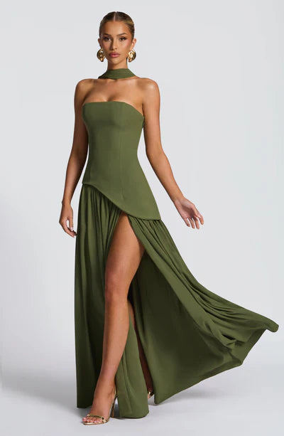 Women's Elegant Strapless Maxi Dress Fitted Slit Formal Party Wedding Guest Sophisticated – Mya