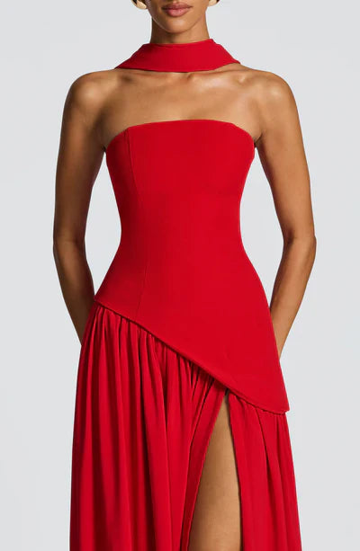 Women's Elegant Strapless Maxi Dress Fitted Slit Formal Party Wedding Guest Sophisticated – Mya