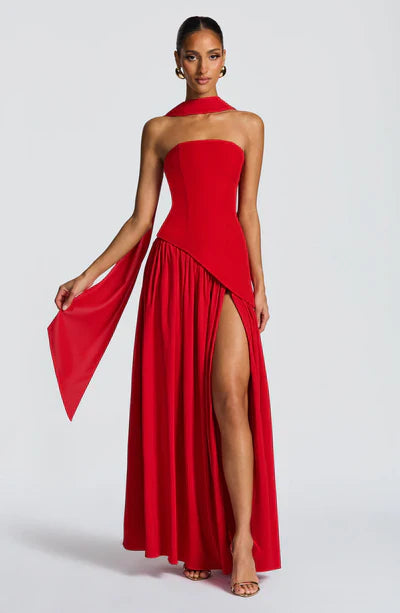 Women's Elegant Strapless Maxi Dress Fitted Slit Formal Party Wedding Guest Sophisticated – Mya