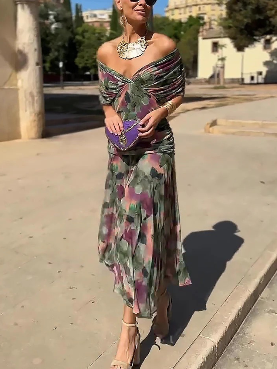 Women's Flowing Floral Long Dress Off-Shoulder V-Neck Formal Elegant Wedding Guest Casual – Lilly