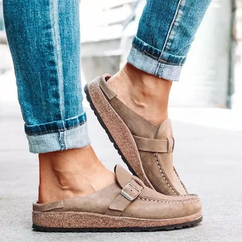 Women's Retro Suede Buckle Clog Mules Slip-On Flat Arch Support Casual Everyday Shoes – Marley