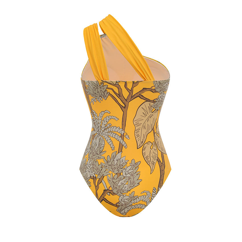 Women's One-Shoulder Floral Printed One-Piece Swimsuit & Long Skirt Set Beach Vacation Pool Party Resort Tropical Summer – Yellow