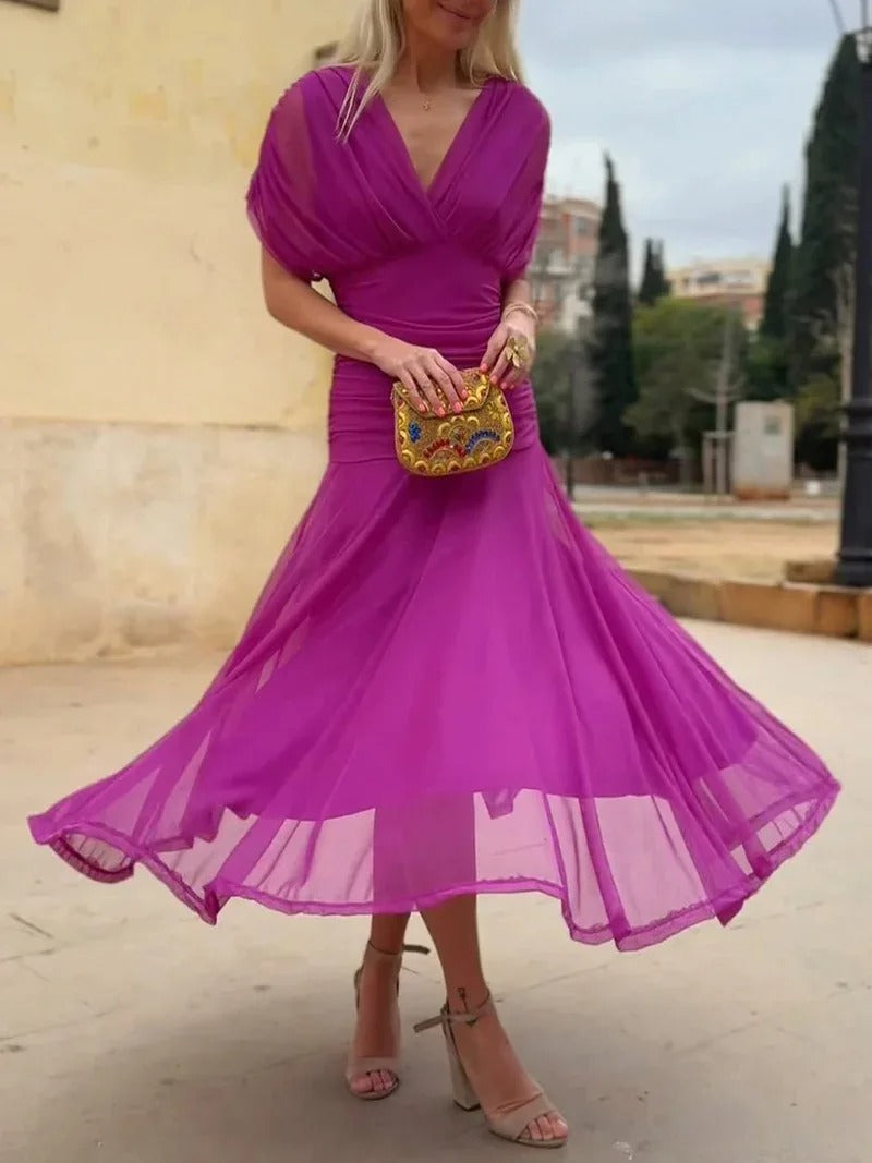 Women's Flowing Floral Long Dress Off-Shoulder V-Neck Formal Elegant Wedding Guest Casual – Lilly