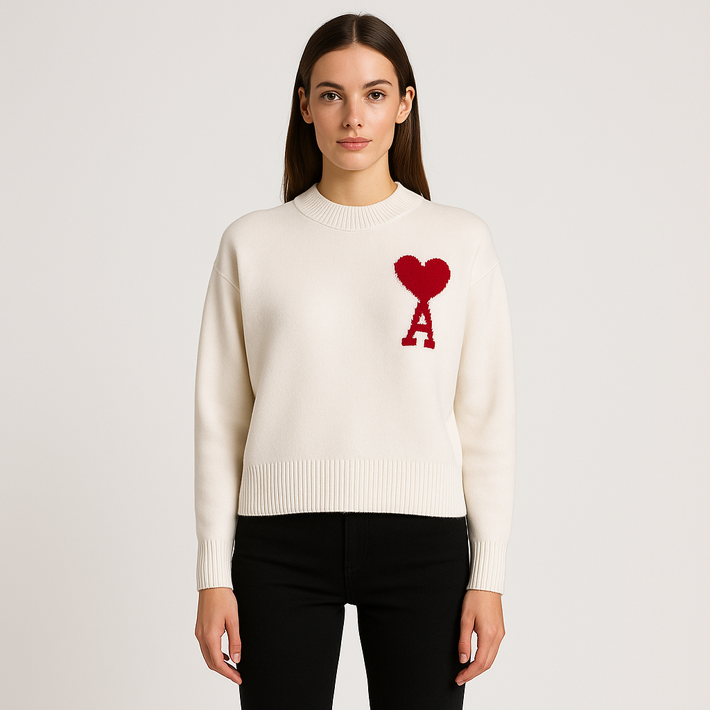 Women's Oversized Heart Ace Logo Knit Sweater Casual Everyday Cozy Streetwear Smart Casual Gift – Anely Cream Black Green