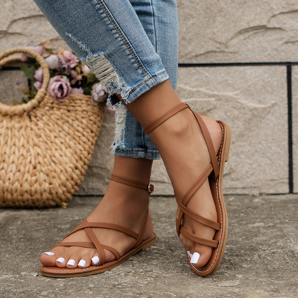 Women's Strappy Flat Sandals Crossover Casual Summer Beach Comfortable Everyday – Michelle