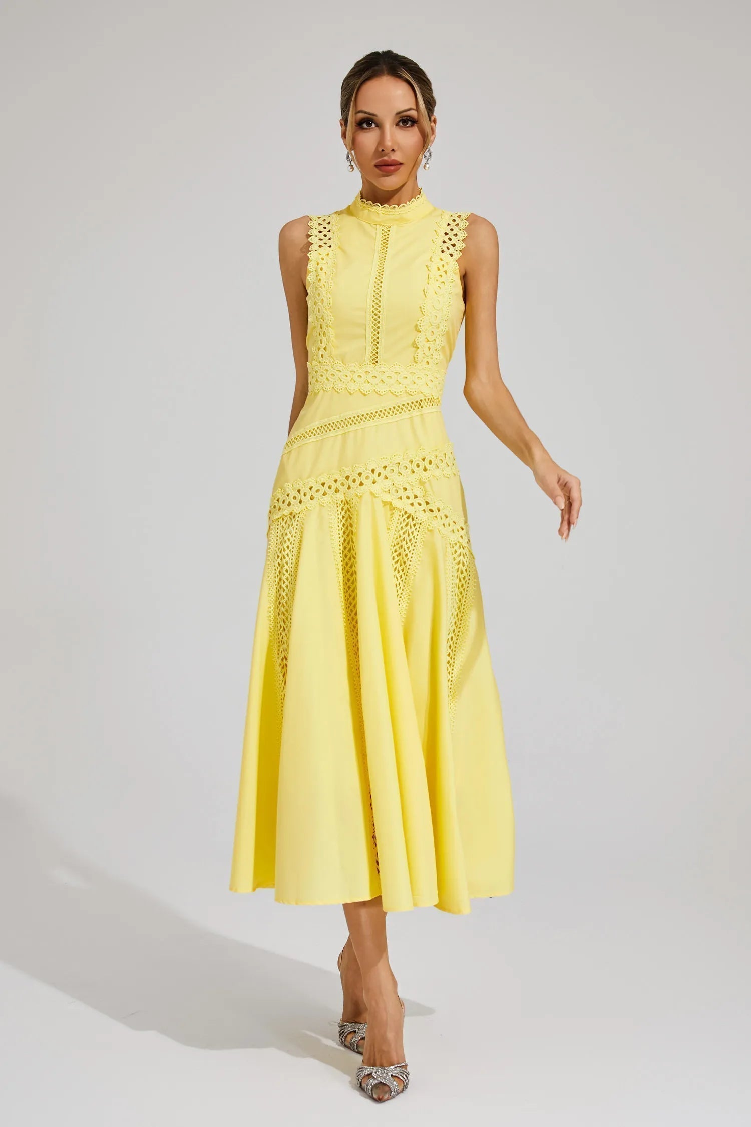 Women's Sleeveless Lace Midi Dress Wedding Guest Summer Formal Elegant Structured Daytime – Olivia