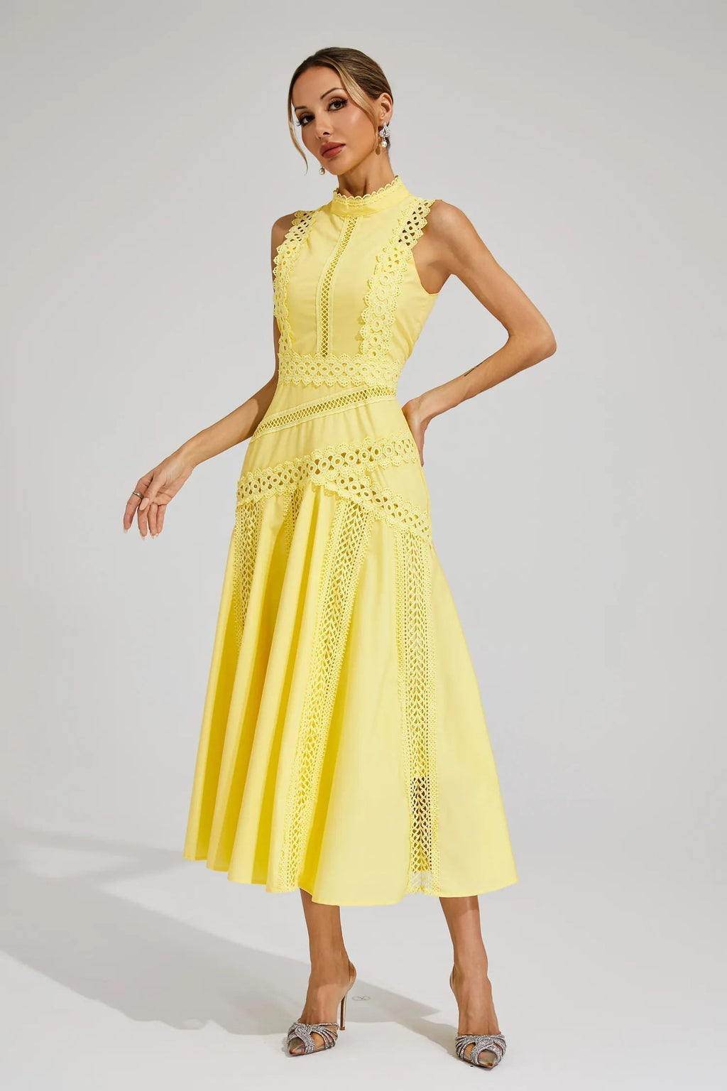 Women's Sleeveless Lace Midi Dress Wedding Guest Summer Formal Elegant Structured Daytime – Olivia
