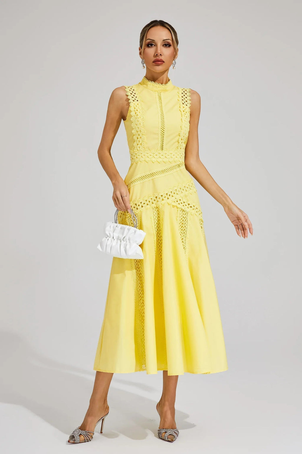 Women's Sleeveless Lace Midi Dress Wedding Guest Summer Formal Elegant Structured Daytime – Olivia