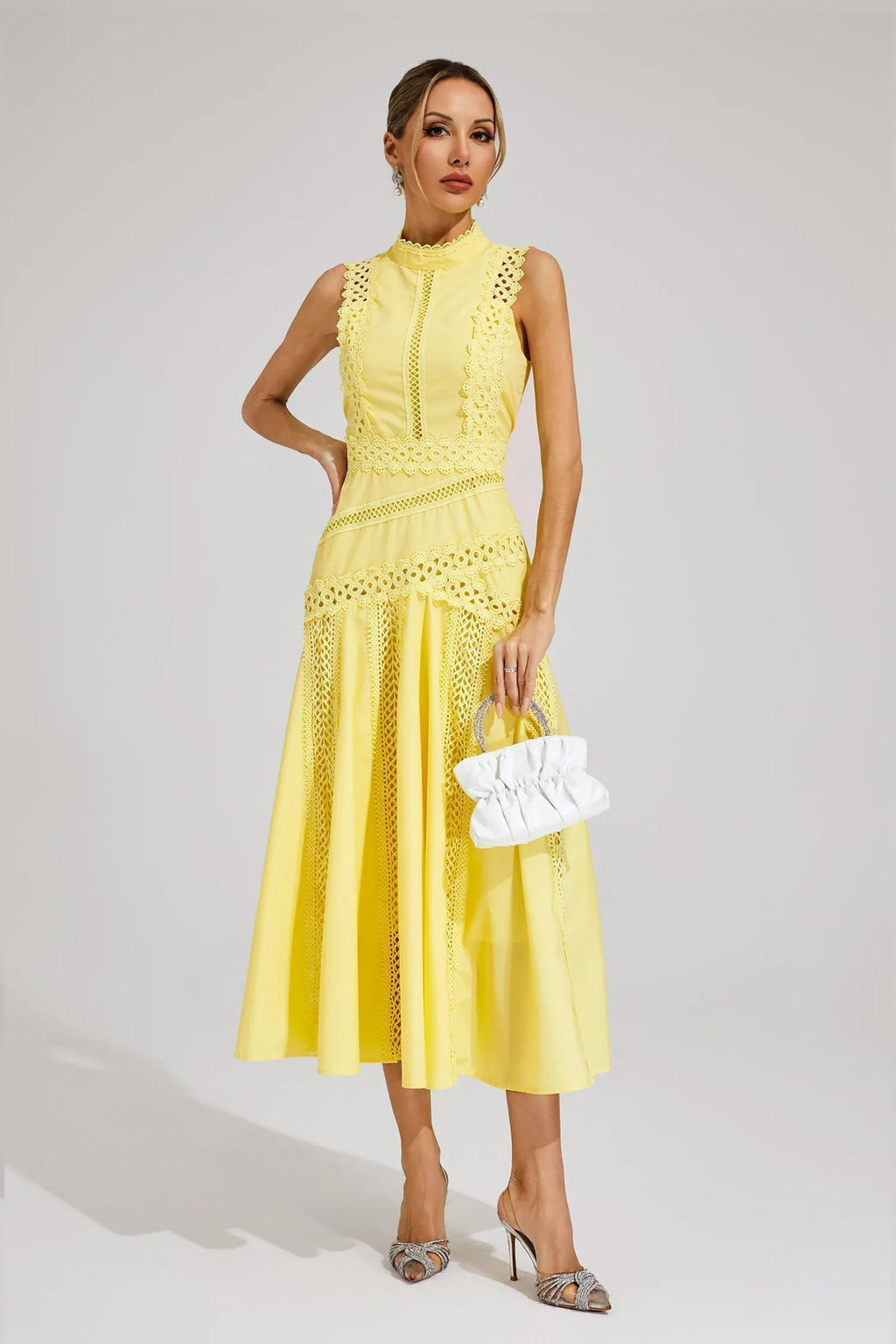 Women's Sleeveless Lace Midi Dress Wedding Guest Summer Formal Elegant Structured Daytime – Olivia