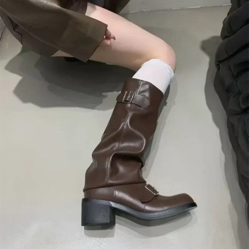 Women's Knee-High Boots Buckle Detail Block Heel Moto Biker Fall Winter