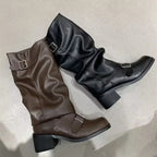 Women's Knee-High Boots Buckle Detail Block Heel Moto Biker Fall Winter
