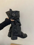 Women's Knee-High Boots Buckle Detail Block Heel Moto Biker Fall Winter