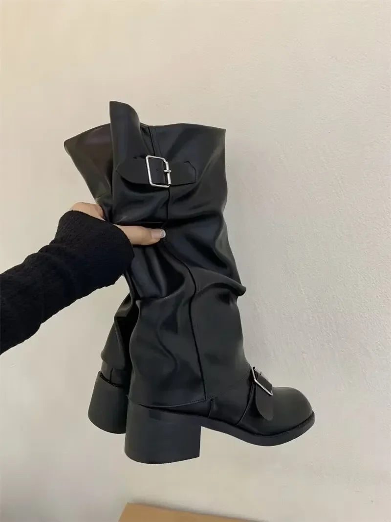 Women's Knee-High Boots Buckle Detail Block Heel Moto Biker Fall Winter
